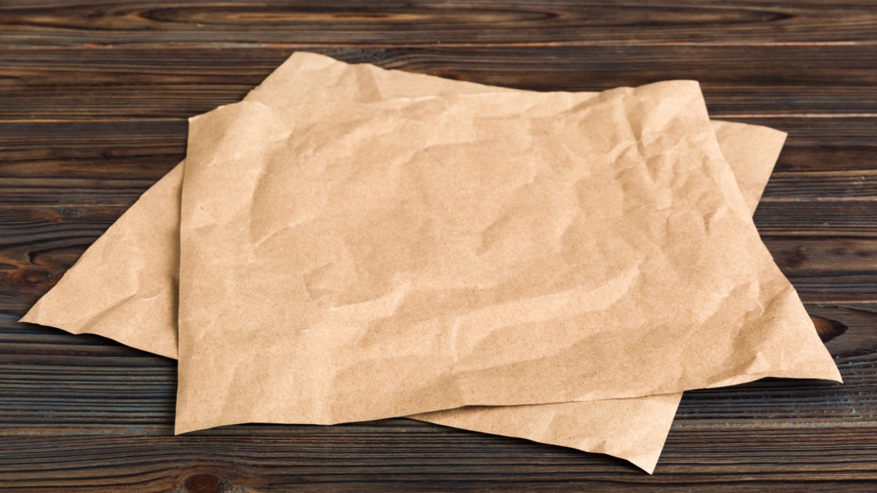 top view with baking parchment empty on table background. Folded cloth for mockup with copy space, Flat lay. Minimal style.