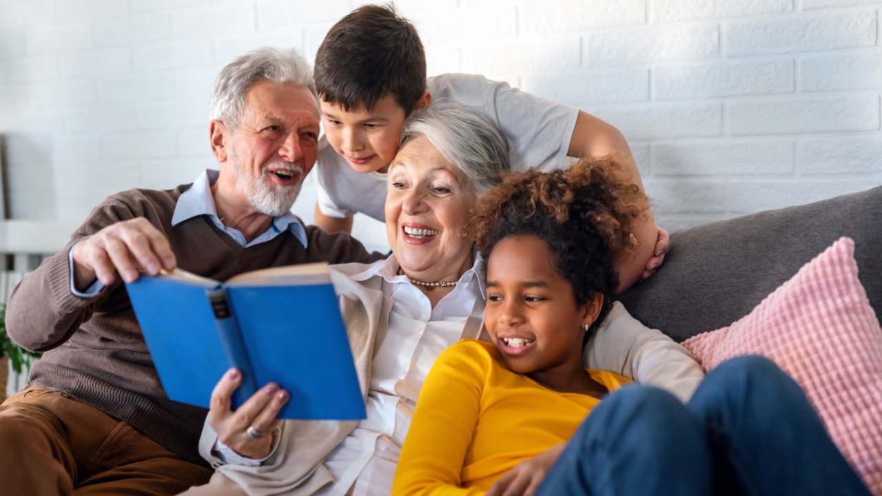 Multiethnic mixed race family education at home. Grandparents with children