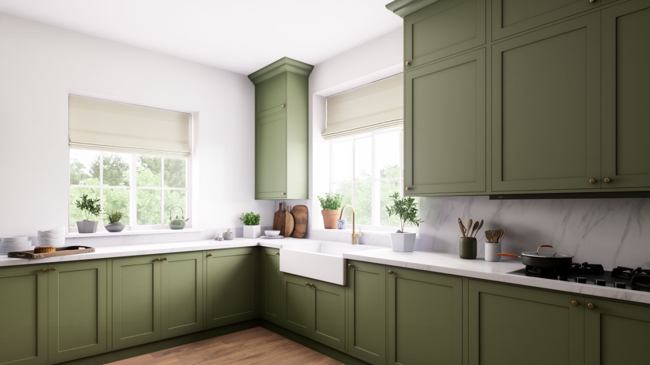 This contemporary kitchen showcases stunning green cabinetry, alongside a beautifully bright and inviting atmosphere.