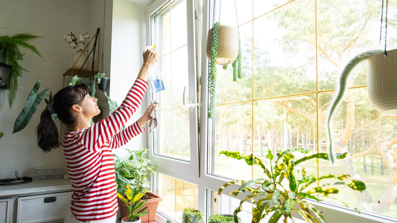 Woman manually washes the window of the house with rag cleaner and mop inside the interior with home plants on windowsill with attic. spray window