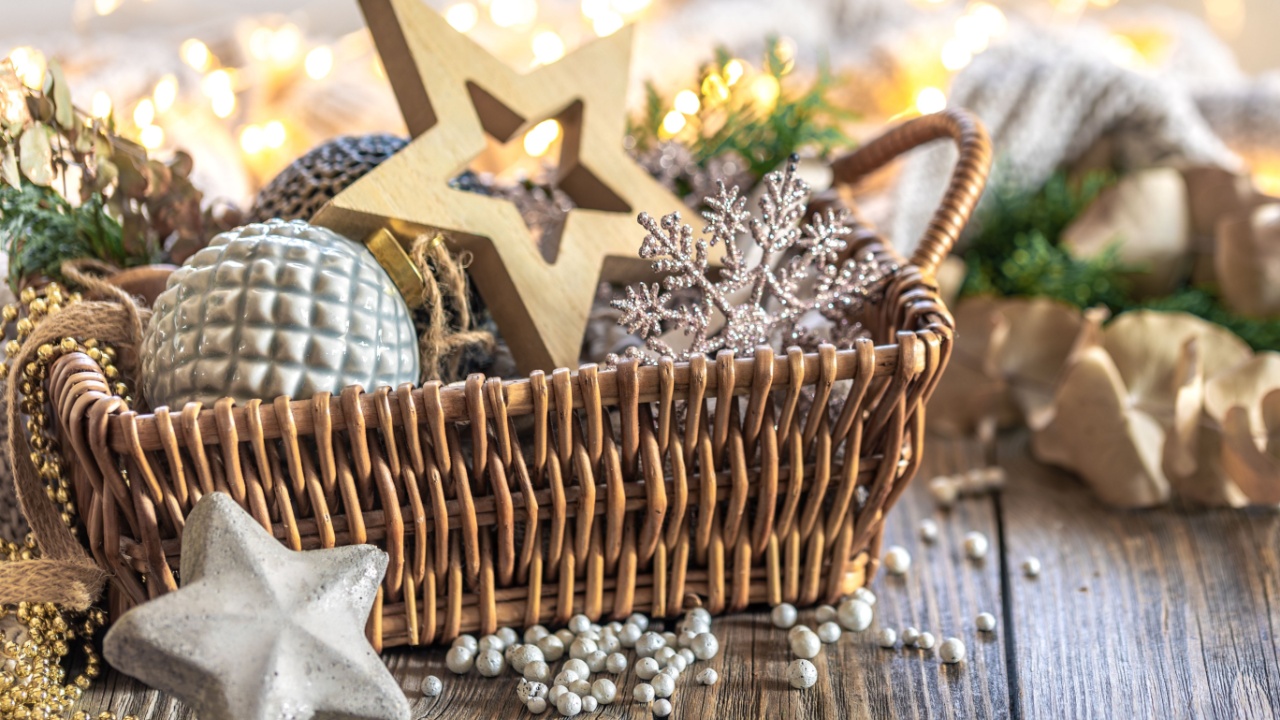 Christmas decorations in a basket. Composition with Christmas decorations.