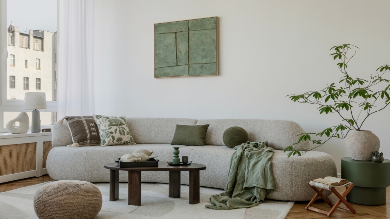 A modern, minimalist interior with a large sofa and natural accents. Soft greens bring harmony to the space, creating an elegant, calming atmosphere.