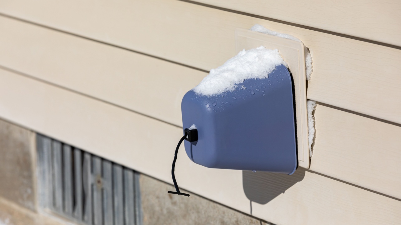 Outdoor faucet, water spigot, with snow on insulation cover. Home maintenance, winter weather preparation and winterize plumbing concept.