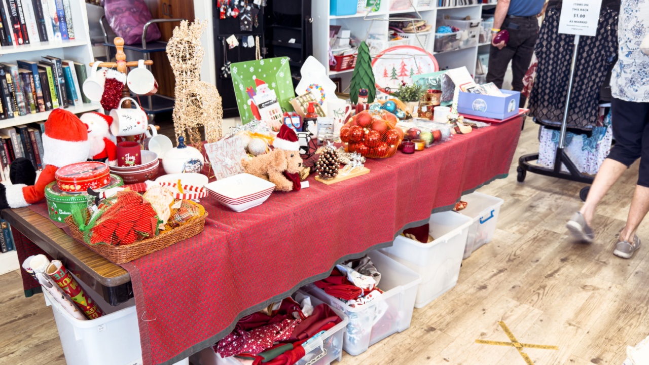 Ballina NSW, Australia - October 29, 2024. Christmas ornaments, Santa figurines, and seasonal decorations showcased in a secondhand store, promoting sustainable holiday shopping.