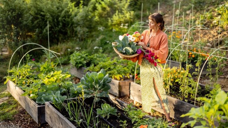 A young woman holding a basket filled with freshly harvested vegetables and vibrant flowers in a sunlit garden. A moment capturing the essence of sustainable living and natural beauty