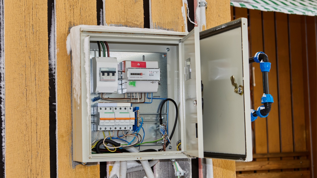 An outdoor metal electrical box with installed circuit breakers and an electricity meter hangs on exterior wall of country house.