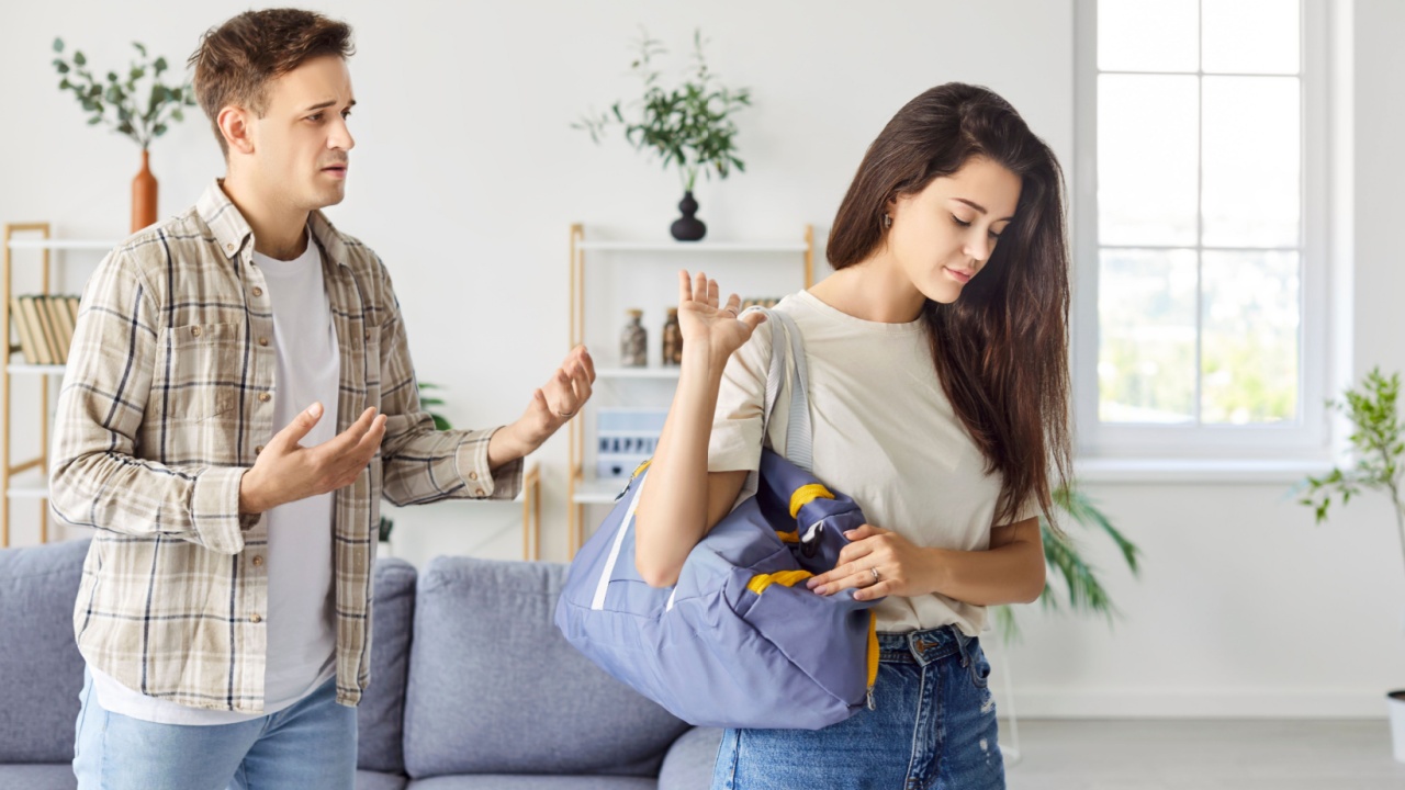 Girl leaving boyfriend, break up relationships problems, young wife going away from offended husband after conflict in marriage, upset couple after fight dispute, making decision of get divorced