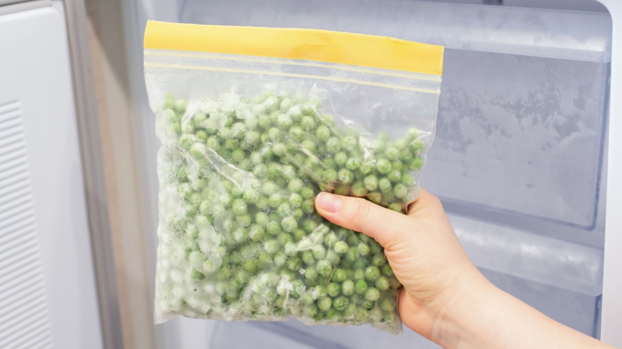 Female hand holding zip bag with frozen green peas against open freezer background.