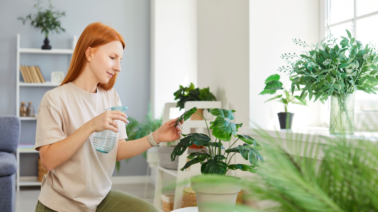 Smiling redhead woman spraying water on potted house plant flower at table. Cheerful girl taking care of monstera houseplant, watering it with spray bottle, enjoying gardening at home. Hobby concept.