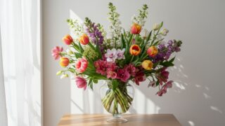 Large, vibrant bouquet in a clear glass vase featuring tulips, orchids, freesia, and snapdragons in various colors on a wooden table against a bright wall. Elegant spring flower arrangement.