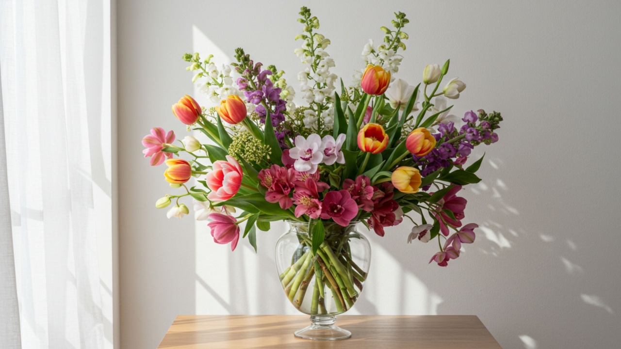 Large, vibrant bouquet in a clear glass vase featuring tulips, orchids, freesia, and snapdragons in various colors on a wooden table against a bright wall. Elegant spring flower arrangement.
