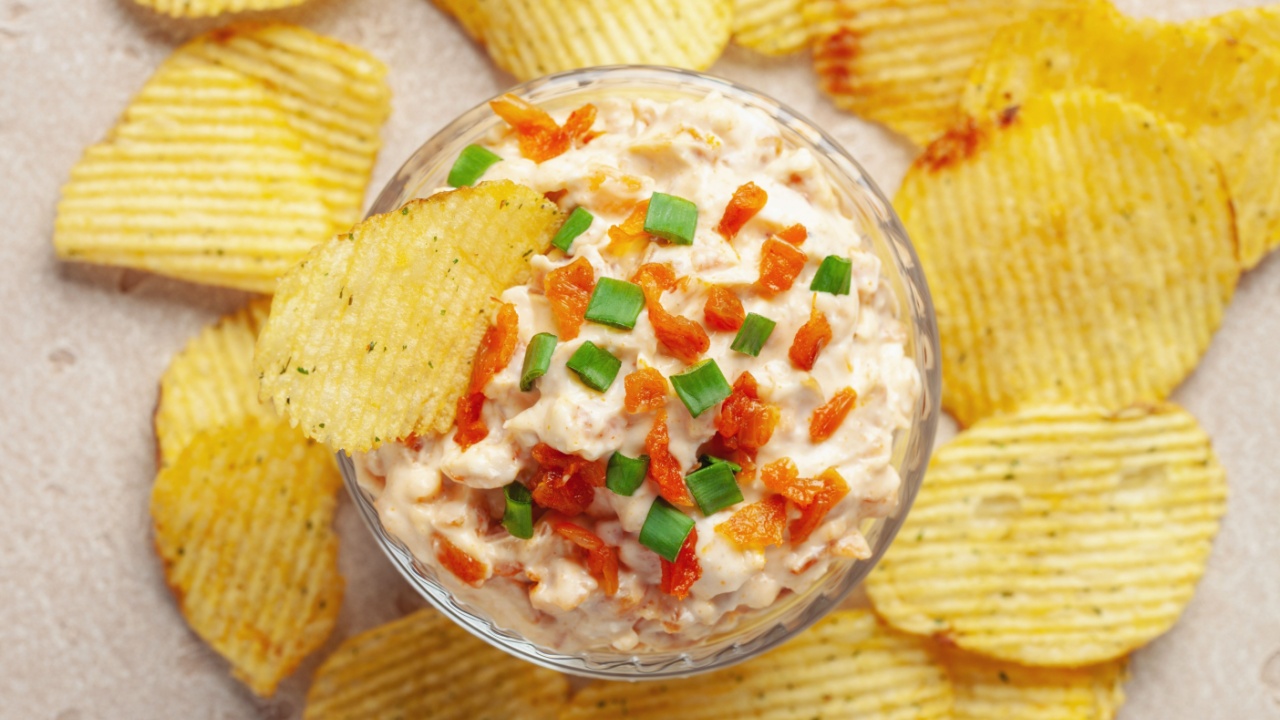 Homemade French Onion Dip with Chips. Top view