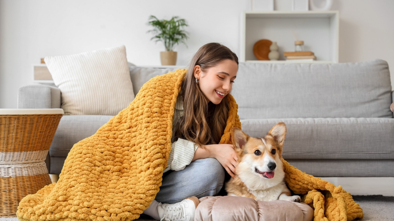 Young woman and Corgi dog with orange plaid on floor at home