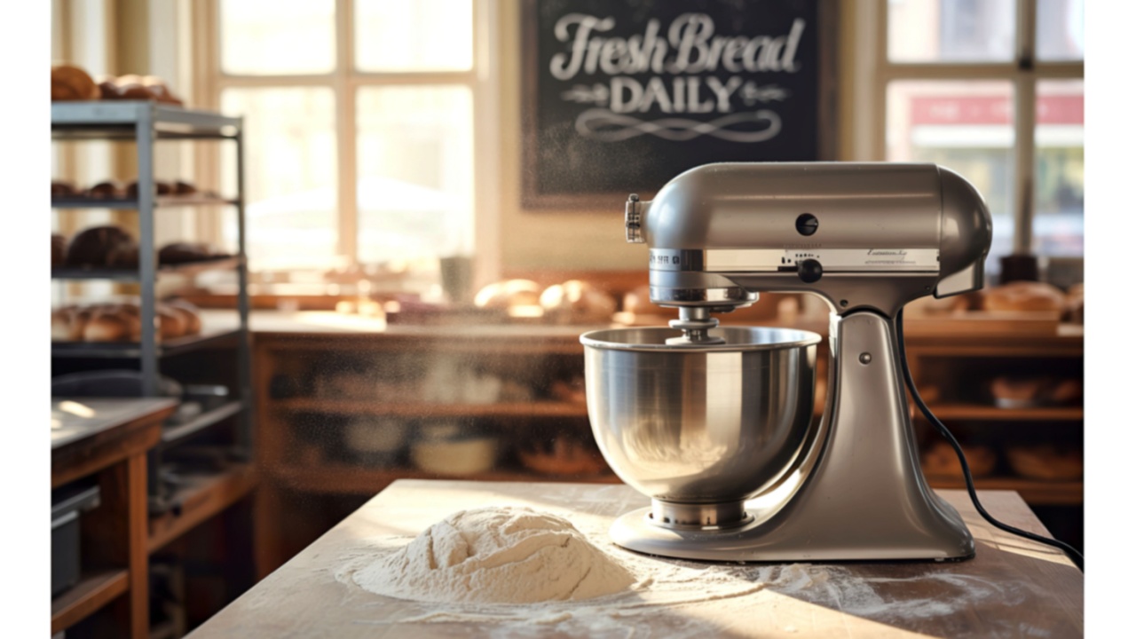 A silver KitchenAid stand mixer sits on a wooden counter dusted with flour, in a bakery setting with fresh bread visible in the background.