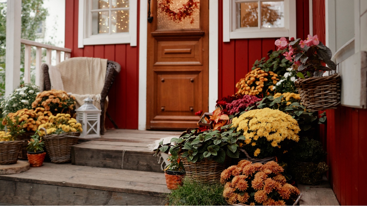 Front porch of village house decorated with autumn flowers and plants, wooden steps surrounded by baskets of blooming chrysanthemums, cozy rural setting with seasonal wreath on door