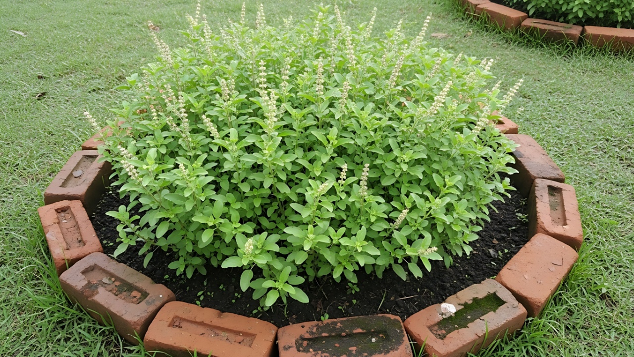 Lush, flowering Holy Basil, or Tulsi (Ocimum tenuiflorum), a sacred Ayurvedic herb, growing in a rustic brick planter on a green lawn.