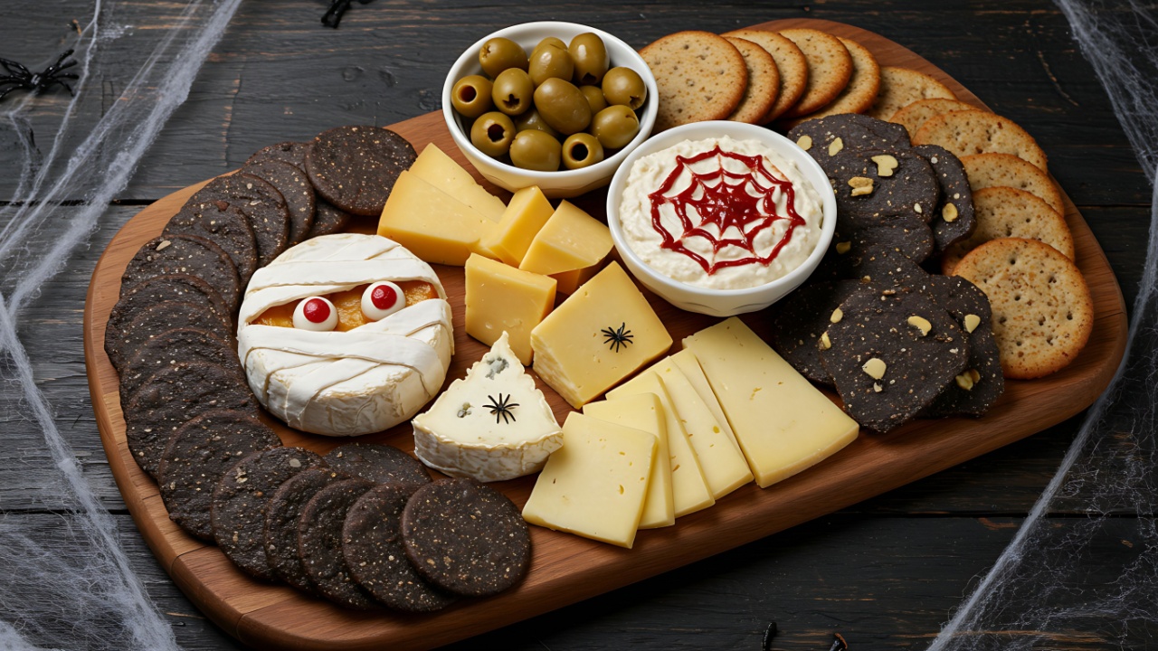 A charcuterie board styled for Halloween featuring "mummy" brie,olive "eyeballs,"spiderweb dip and an assortment of dark crackers and cheeses. Shot from a slightly overhead angle on a dark wood table