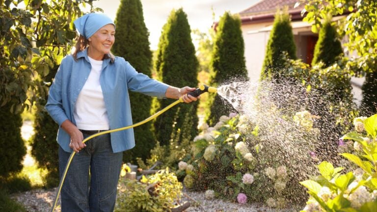 Senior woman watering beautiful flowers with hose in garden