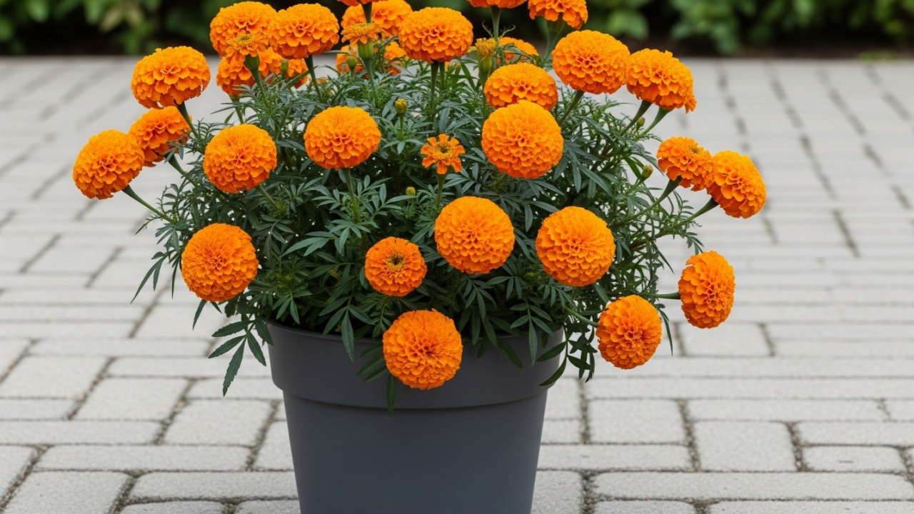 A vibrant display of orange marigold flowers fills a grey pot, set against a paved surface and blurred green background.