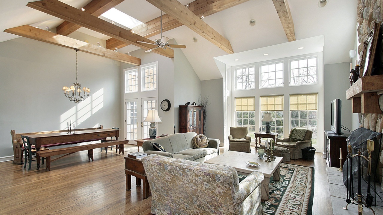 Family room with ceiling beams