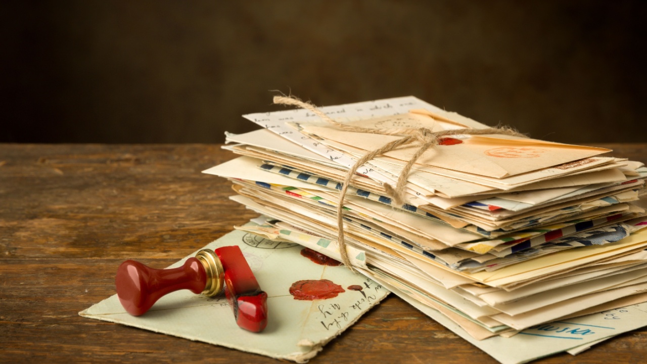 Wax seal next to a bundle of old letters on an antique wooden table