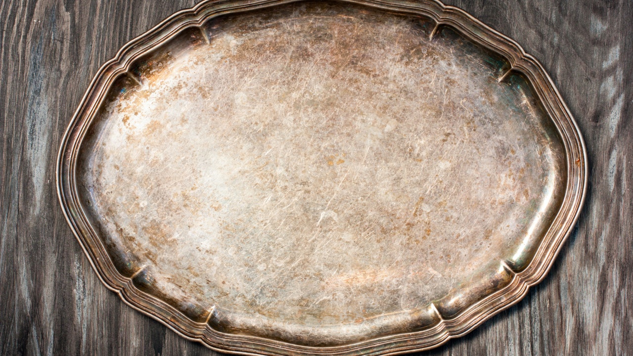 Metal vintage empty tray, top view, copy space