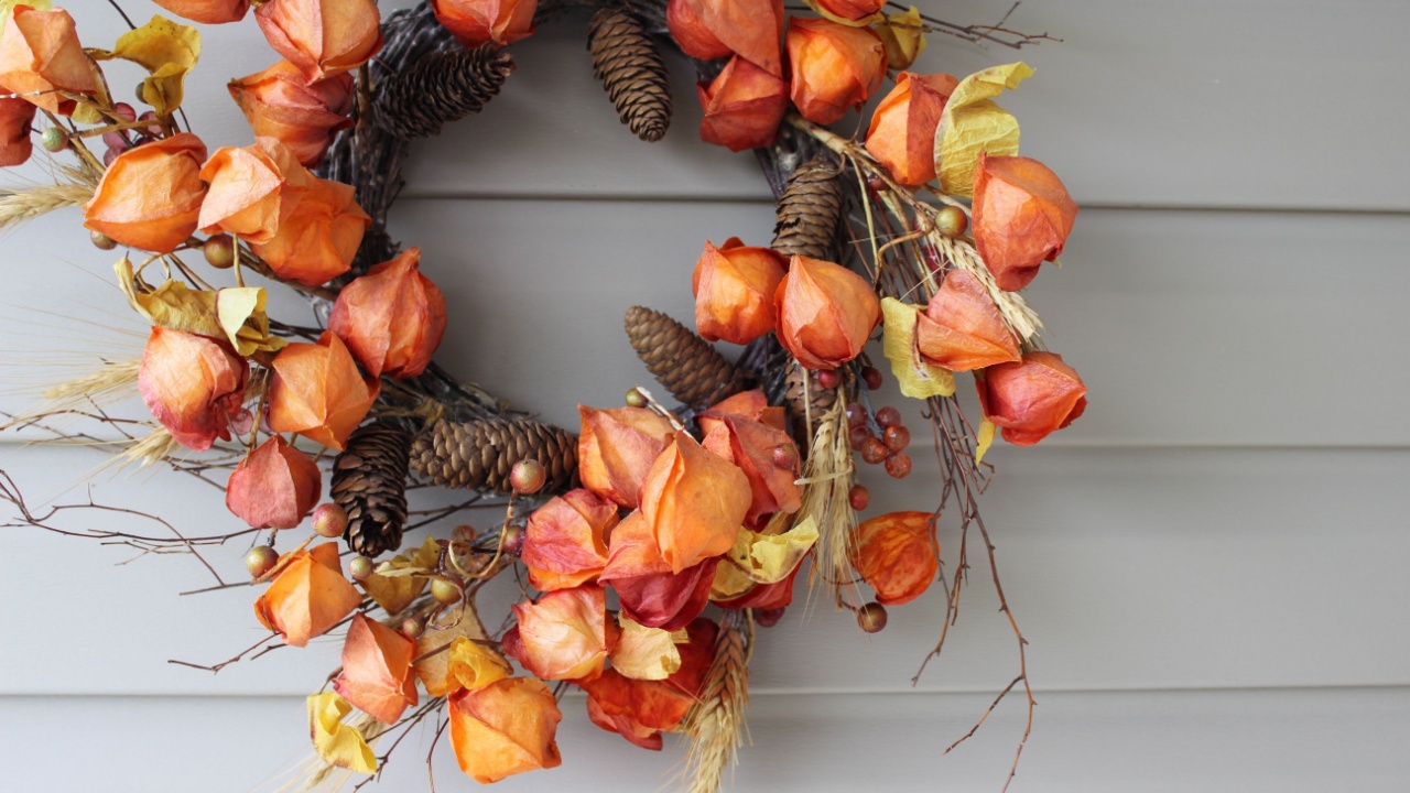 Round fall wreath on neutral background