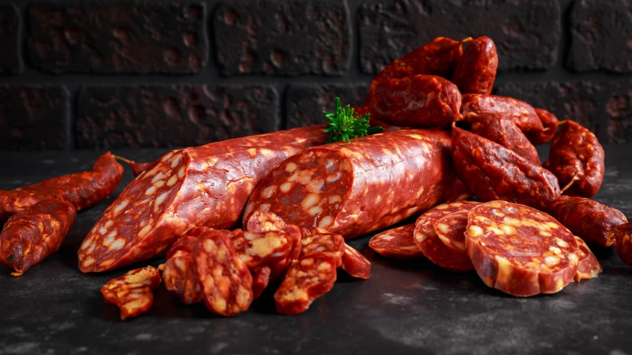 Variety of dry cured Spanish pork chorizo sausages made with paprika and garlic