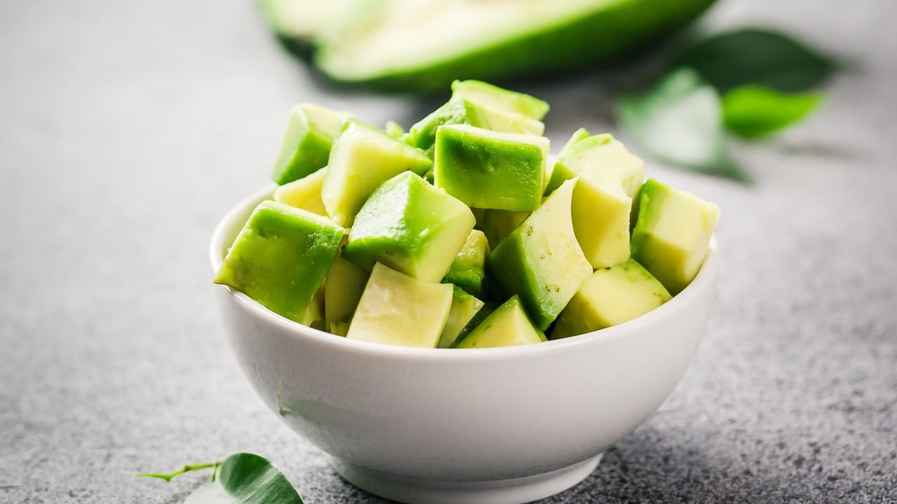 Cubes of fresh avocado in a bowl
