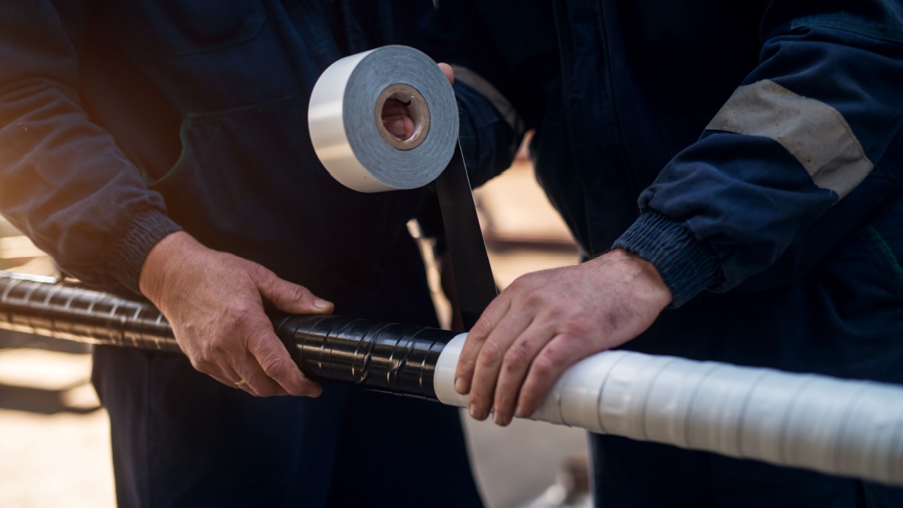 Close up focus hand view of professional industrial workers bonding meta pipe with duct tape.