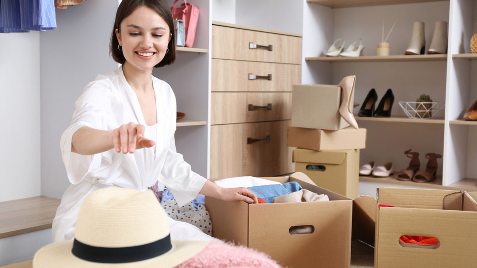 Young woman arranging clothes at wardrobe