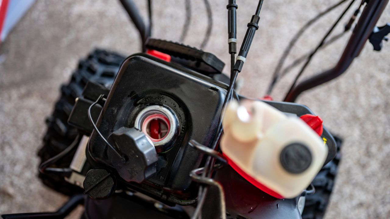 Adding winter stabilizer fuel additive to a snow blower gas tank