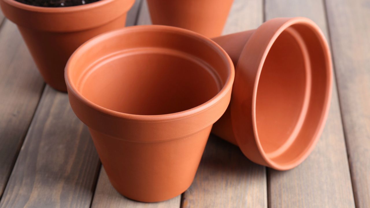 Clay flower pots, on wooden table