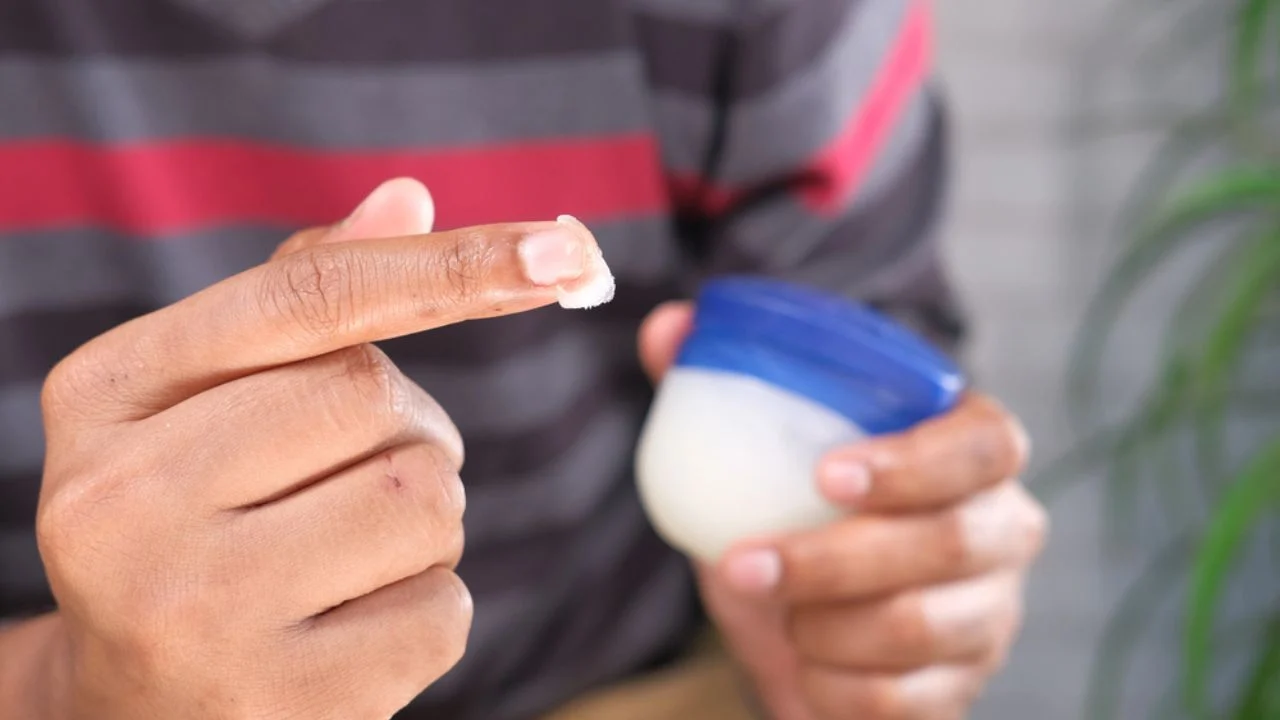 Close up of man hand using petroleum jelly