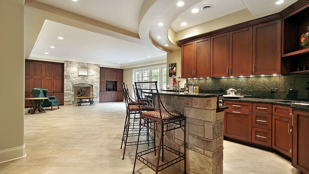 Fireplace and stone bar in basement
