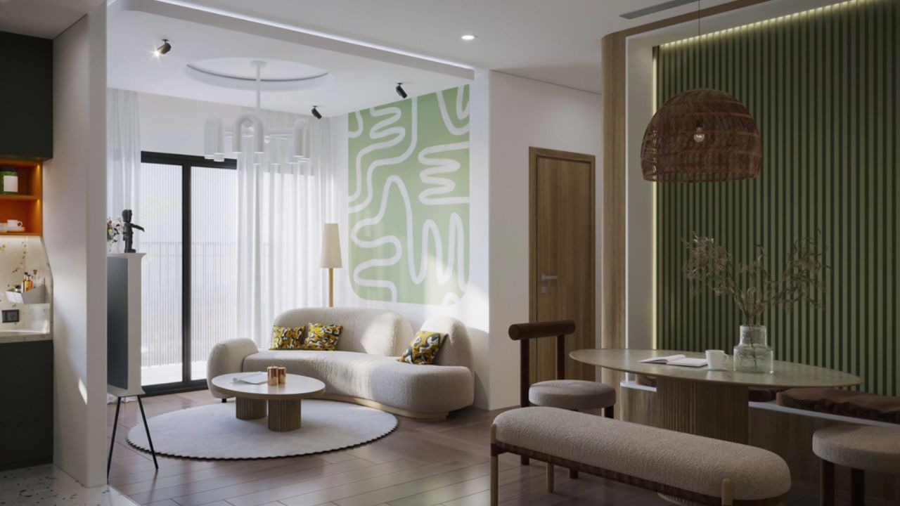 Modern Scandinavian Living Room with Green Accent Wall and Cozy Furniture