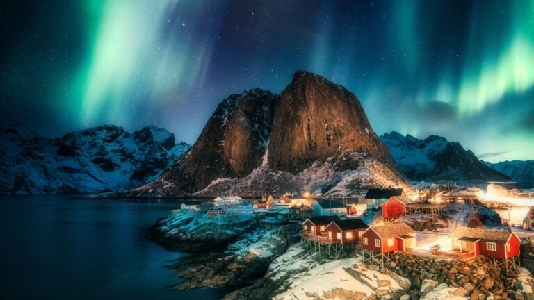Northern lights over a small arctic village