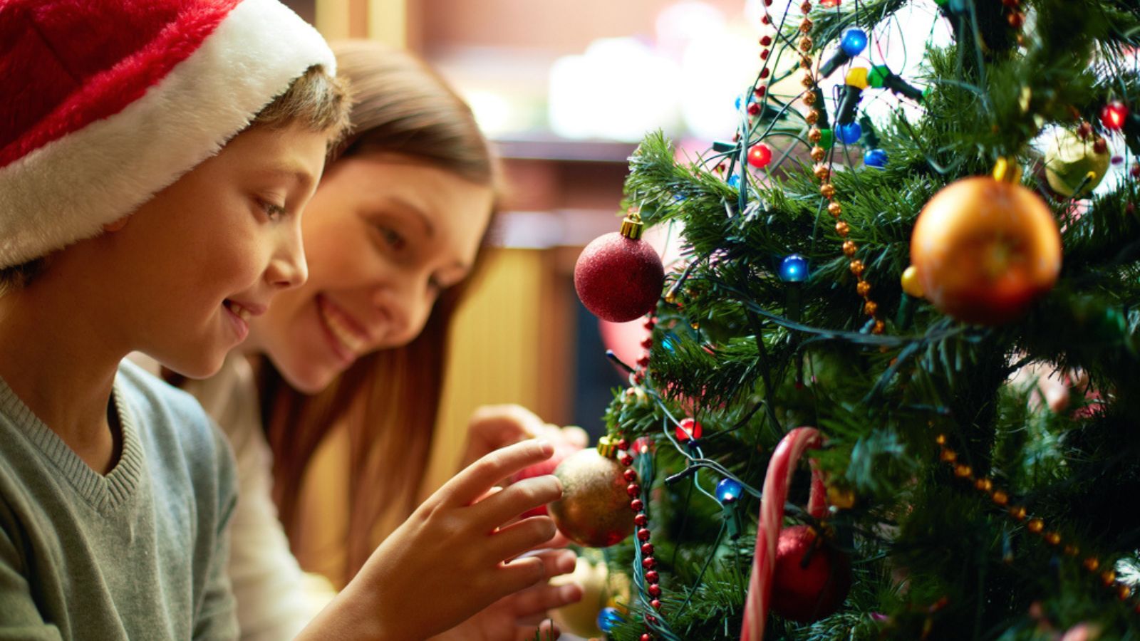 Portrait of happy boy in Santa cap decorating Christmas tree
