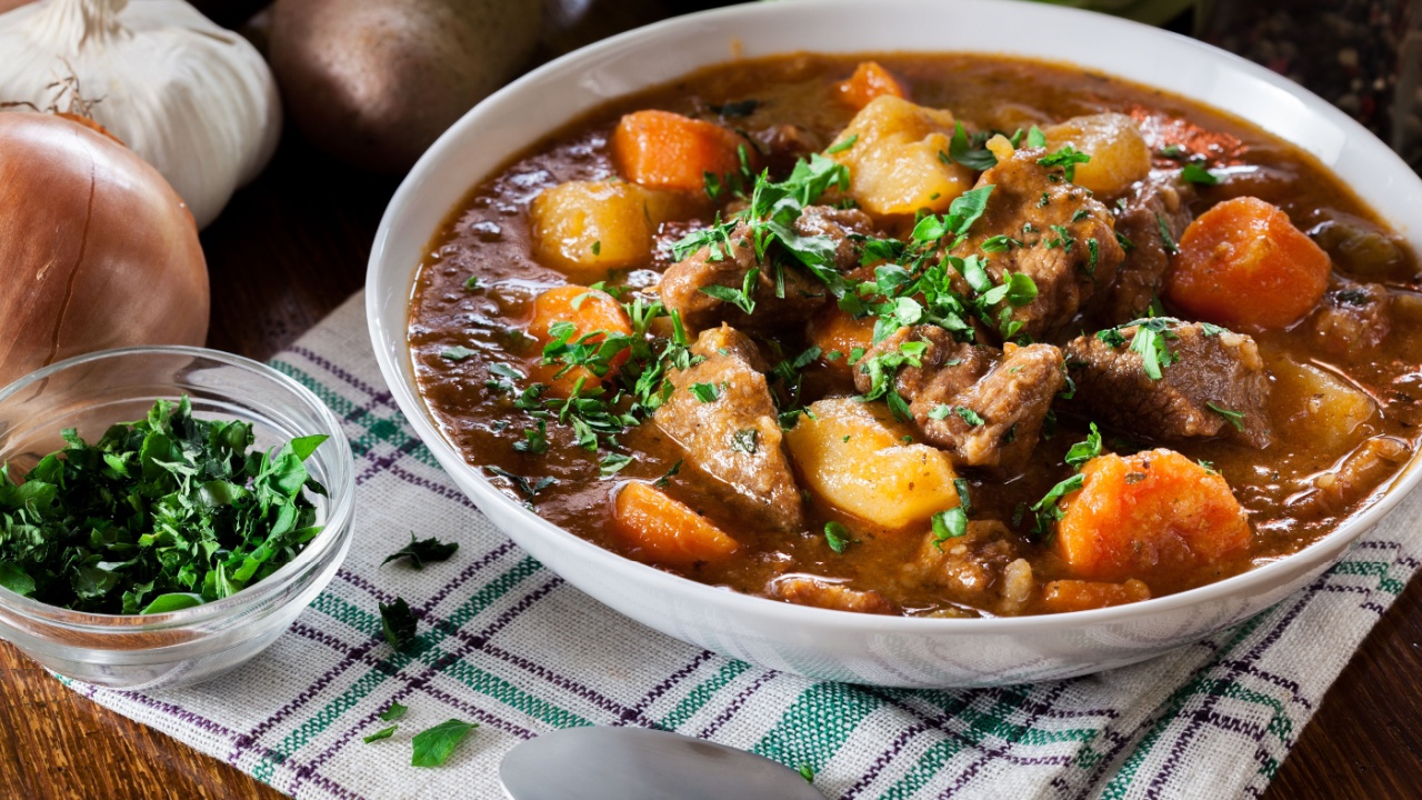 Irish stew made with beef, potatoes, carrots and herbs. Traditional St patrick's day dish
