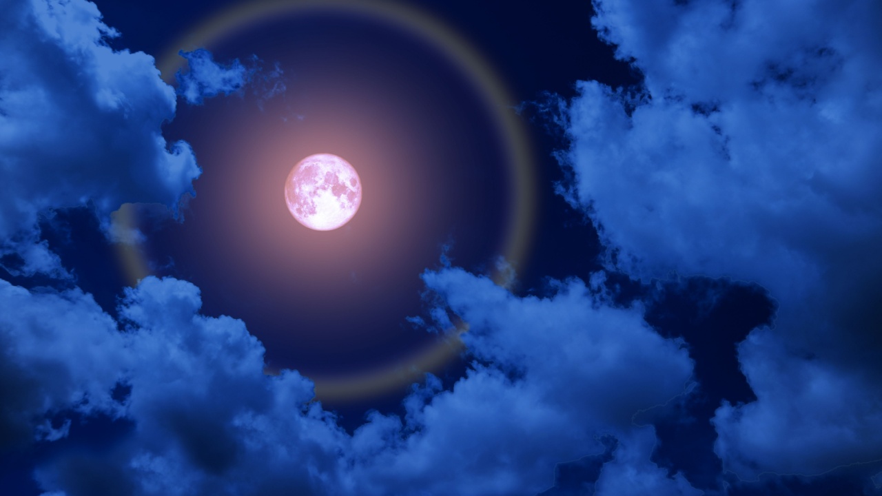 full pink moon halo, moon and colorful ray back night cloud, Elements of this image furnished by NASA