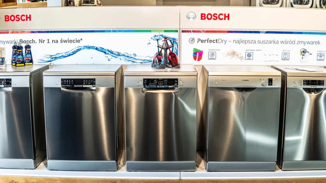 Warsaw, Poland, July 21, 2018 inside Bosch showroom, silver Bosch dishwashers 60cm and 45cm, produced by BSH Home Appliances, largest manufacturer of home appliances in Europe