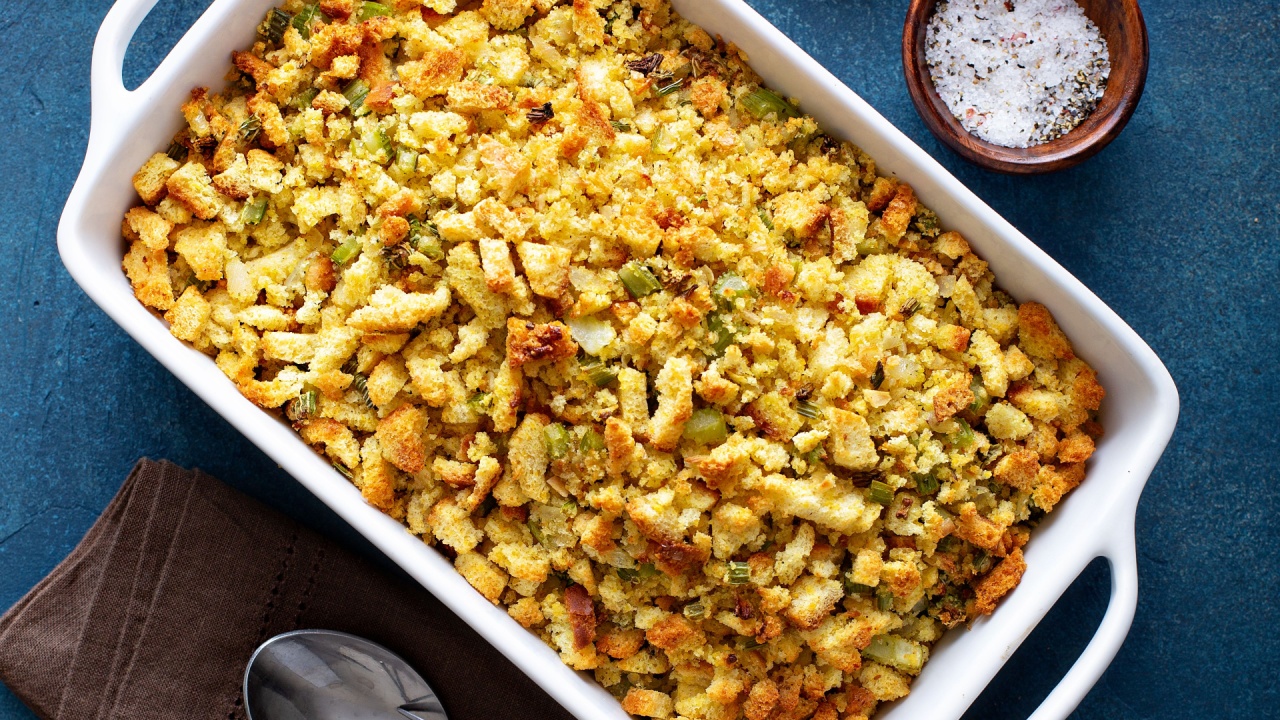 Traditional stuffing side dish for Thanksgiving or Christmas in a baking pan