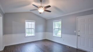 Gray living room interior with vaulted ceilings and chair rail.