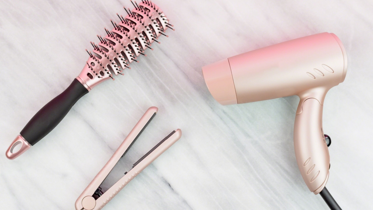 Rose gold hair styling products on marble countertop