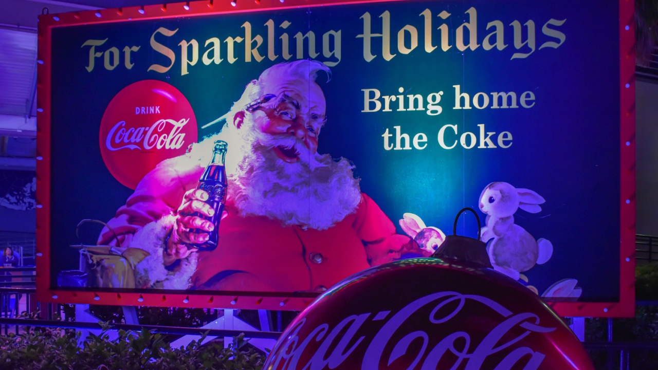 Orlando, Florida. November 22, 2018. Vintage Coca Cola sign on Christmas Celebration at Seaworld 1