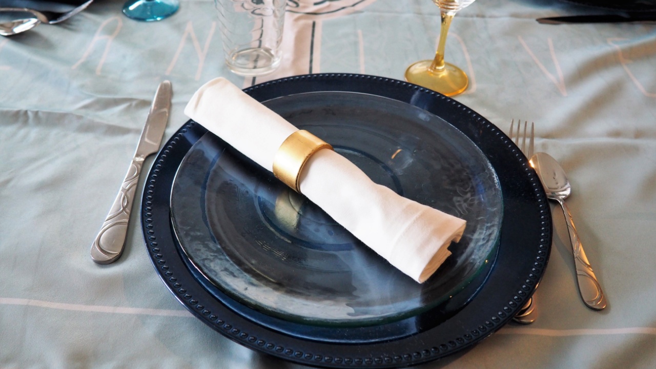 Table Setting with Recycled Glass Plates and Blue Chargers