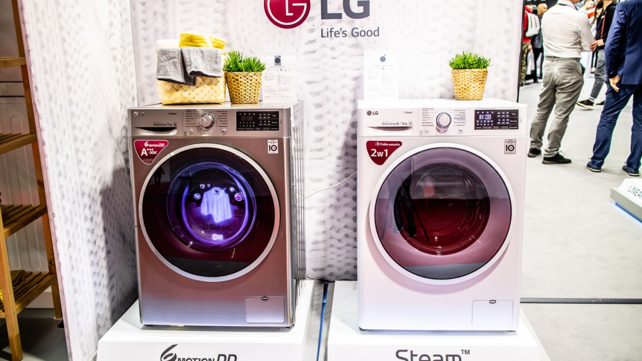Nadarzyn, Poland, May 11, 2019, LG washing machine tumble dryer on display for sale, LG exhibition pavilion showroom stand at Warsaw Electronics Show