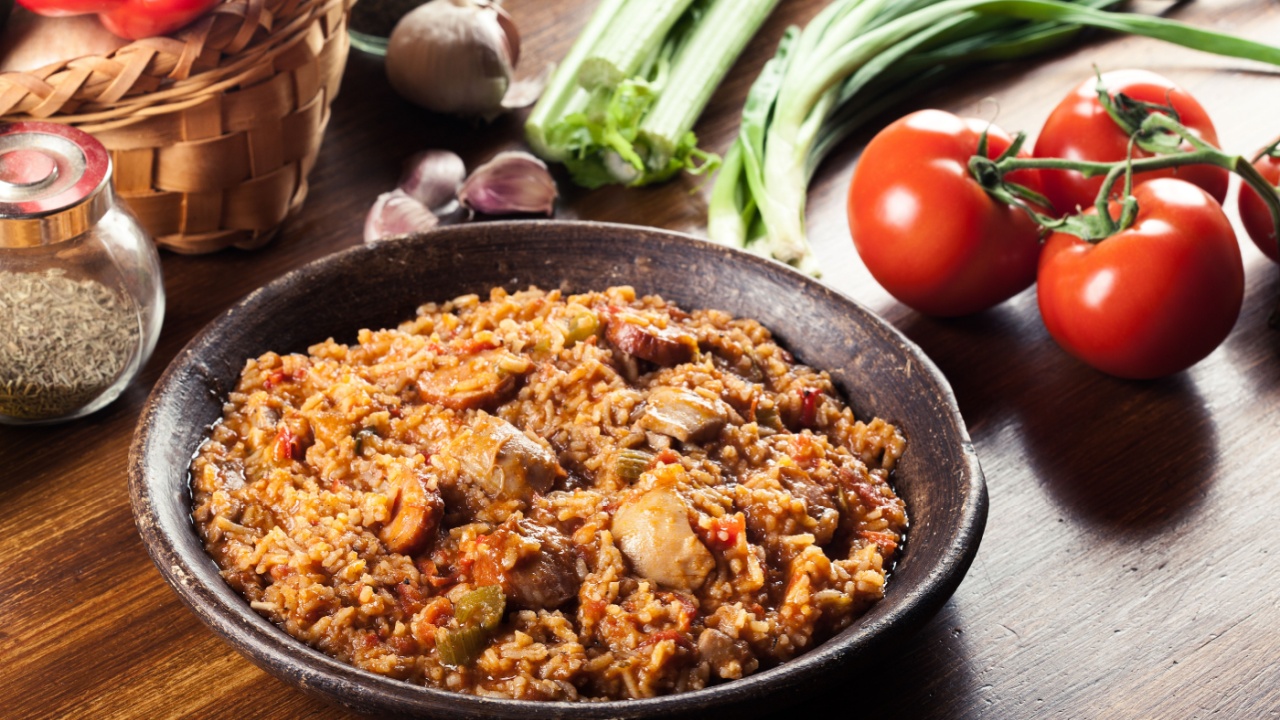 Chicken jambalaya - spicy rice with chicken a nd sausage. Creole dish