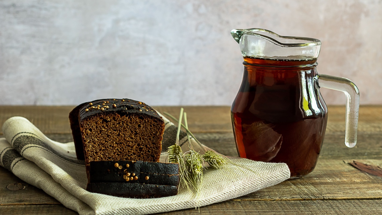 Russian traditional rye bread drink kvass. Copy space