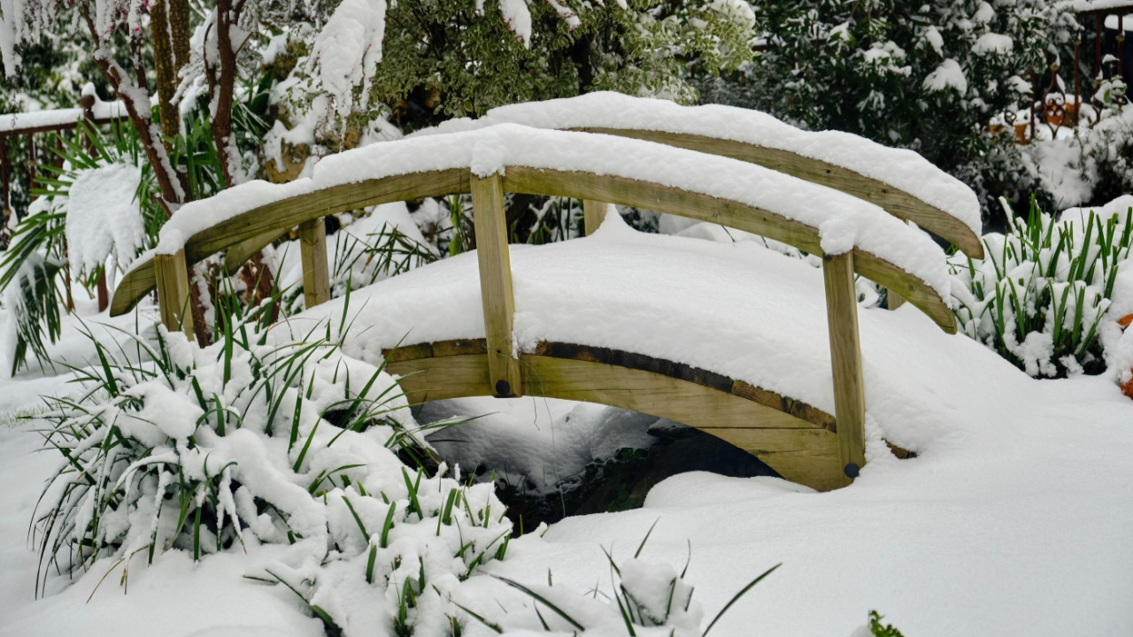 wooden bridge in a garden with a heavy snowfall